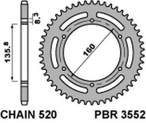 PBR ZĘBATKA TYLNA ALUMINIOWA (ERGAL) 3552 38 APRILIA ETX 125 '84 BMW G310 R '16-'20 (-2) (ŁAŃC. 520) KOLOR SREBRNY