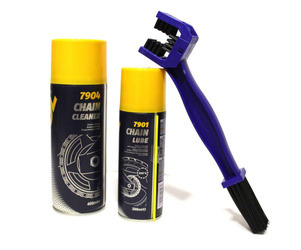 Zestaw Mannol Spray do łańcucha 7901 + Spray do czyszczenia łańcucha 7904 + Szczotka do czyszczenia  łańcucha BX17040017
