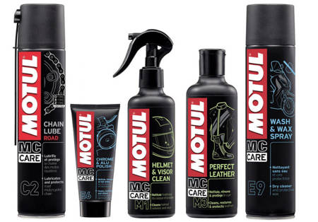 Zestaw motul C2 road spray + E6 chrom / alu polish +  M1 clean visior + M3 perfect leather + E9 wash / wax spray - PREZENT DLA MOTOCYKLISTY